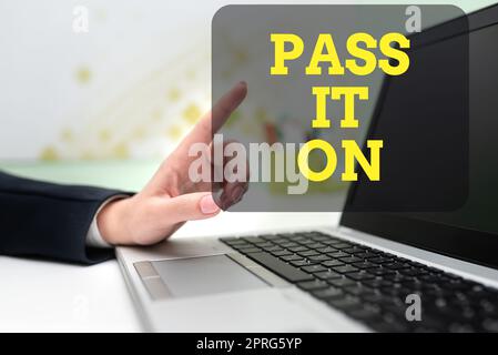 Text caption presenting Pass It On. Concept meaning Share something with others Spread the word sharing talking Lady in suit holding pen symbolizing successful teamwork accomplishments. Stock Photo