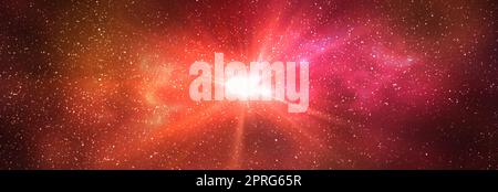 Burst of light in space. Night starry sky and bright red galaxy, horizontal background banner. 3d illustration of milky way and universe Stock Photo