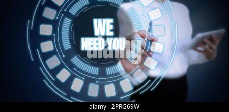 Handwriting text We Need You. Word Written on Company wants to recruit Employee required Adult Holding Tablet And Drawing Digital Display Futuristic Technology Stock Photo