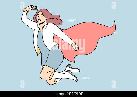 Smiling businesswoman in superhero costume flying in sky. Happy woman dressed as super hero feel motivated and successful with business achievement. V Stock Photo