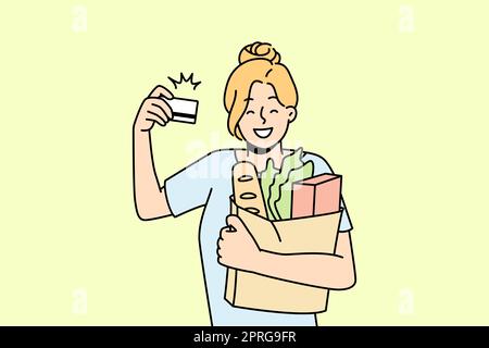 Smiling woman customer shopping in supermarket with credit card. Happy female client grocery shopping with banking system. Vector illustration. Stock Photo