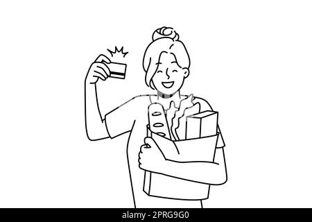 Smiling woman customer shopping in supermarket with credit card. Happy female client grocery shopping with banking system. Vector illustration. Stock Photo