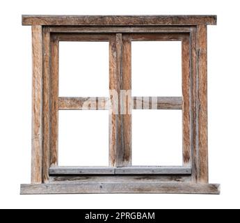 front view closeup of weathered vintage wooden brown window frame isolated on white background Stock Photo