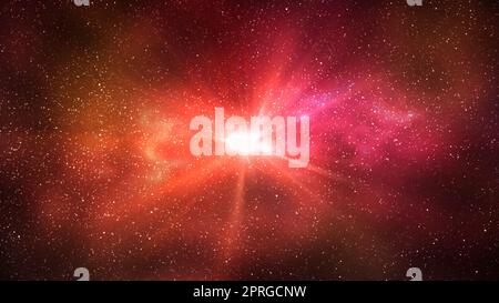 Burst of light in space. Night starry sky and bright red galaxy, horizontal background Stock Photo