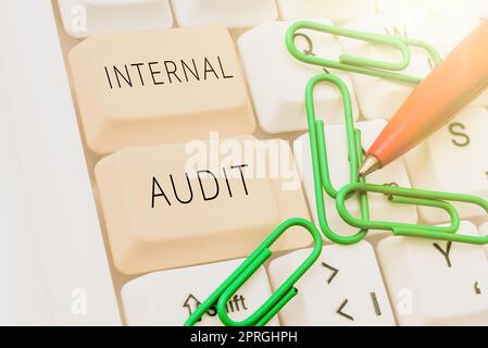 Hand writing sign Internal Audit, Concept meaning evaluates the objective assurance to improve a firm s is operation Stock Photo