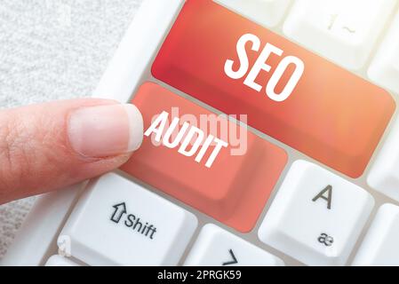 Conceptual caption Seo Audit, Word for Search Engine Optimization validating and verifying process Stock Photo