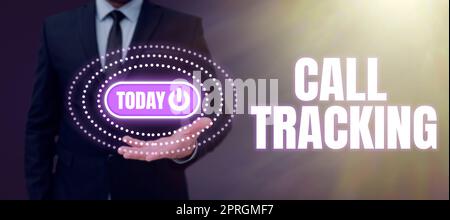 Handwriting text Call Tracking. Business concept Organic search engine Digital advertising Conversion indicator Businessman In Suit Displaying With One Hand Pattern With Power Button. Stock Photo