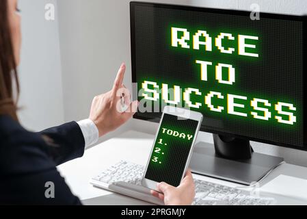 Text sign showing Race To Success. Word for Competition for good development successful business Lady in suit holding pen symbolizing successful teamwork accomplishments. Stock Photo
