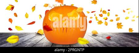 Scary Halloween pumpkin with eyes glowing inside on wooden background Stock Photo