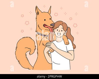 Happy little girl hugging with dog show affection and love. Smiling kid embracing cuddling with pet. Ownership and friendship. Vector illustration. Stock Photo