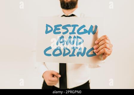 Text caption presenting Design And Coding, Conceptual photo HTML and programming, Cross platform development website Man Holding Paper Presenting Mark Stock Photo