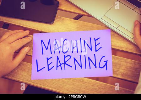 Conceptual caption Machine Learning, Word for the concept that a computer can learn new data itself Stock Photo