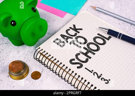Hand writing sign Back To School. Conceptual photo New Teachers Friends Books Uniforms Promotion Tuition Fee Businesswoman Presenting Important Message On Tablet On Desk With Marker. Stock Photo