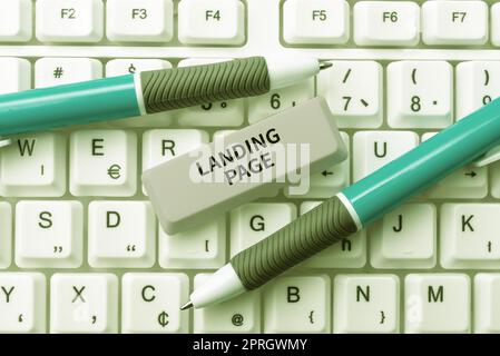 Conceptual caption Landing Page. Word Written on Website accessed by clicking a link on another web page Man With A Cellphone Presenting Strategies For Business Development. Stock Photo