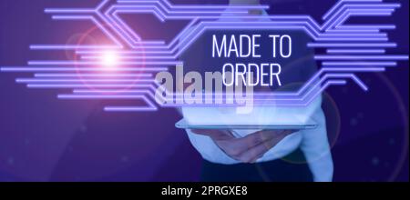 Handwriting text Made To Order. Word for Something done specially for someone Tailored authentic Woman With A Tablet Displaying Glowing Lines In Futuristic Frame. Stock Photo