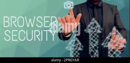 Text caption presenting Browser Security, Business showcase someone who analyzes an organization or business domain Man In Suit Pointing At Arrows And Stock Photo