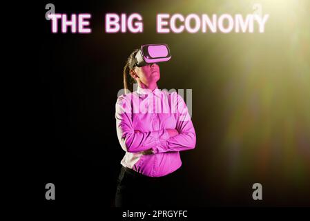 Text showing inspiration The Big Economy. Conceptual photo Global finances Worldwide Market Trade Money exchange Businessman Pointing Important Informations With Pen In Hand. Stock Photo