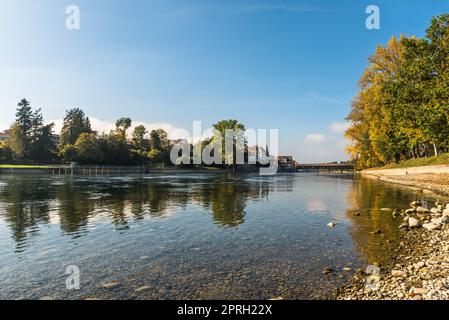 The Rhine River near Gailingen with view to Diessenhofen with the historic wooden bridge, Baden-Wuerttemberg, Germany Stock Photo