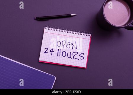 Text showing inspiration Open 24 Hours. Word Written on Working all day everyday business store always operating Lady in suit holding pen symbolizing successful teamwork accomplishments. Stock Photo