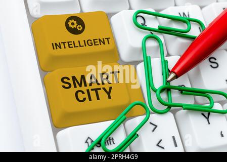 Handwriting text Intelligent Smart City, Concept meaning Urban intelligent building automation system business Stock Photo
