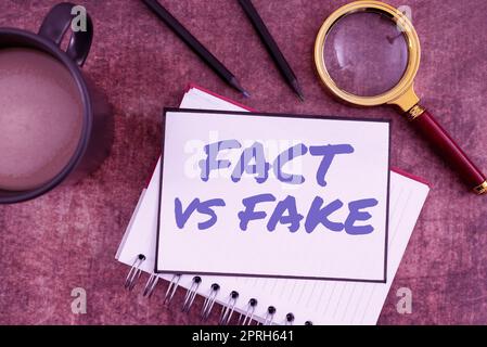 Text showing inspiration Fact Vs Fake, Business showcase Rivalry or products or information originaly made or imitation Stock Photo