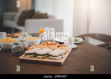 Breakfast served food with beverage coffee, orange juice on table in the morning at home, Fresh and bright continental breakfast healthy Stock Photo
