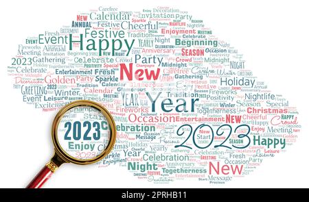 Big word cloud with new year 2023 words with magnifying glass. Stock Photo