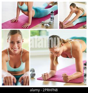 Love yourself enough to live a healthy lifestyle. Composite image of an attractive young woman exercising at home. Stock Photo
