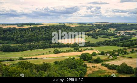 Cornfields on which bales of straw remain after harvest. Wheat was harvested. Stock Photo