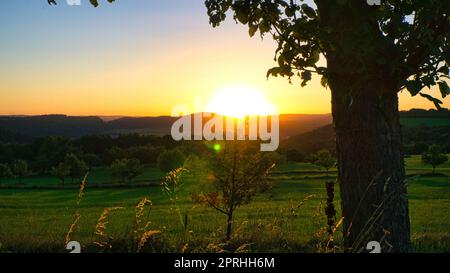 Sunset in Saarland on a meadow with trees and view into the valley Stock Photo