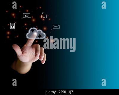 human finger pointing at the cloud show global data transfer with cloud computing, global internet, communication, big data, copy space Stock Photo