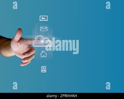 human finger pointing at the cloud show global data transfer with cloud computing, global internet, communication, big data, copy space Stock Photo