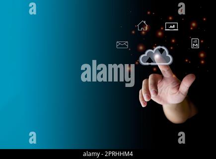 human finger pointing at the cloud show global data transfer with cloud computing, global internet, communication, big data, copy space Stock Photo