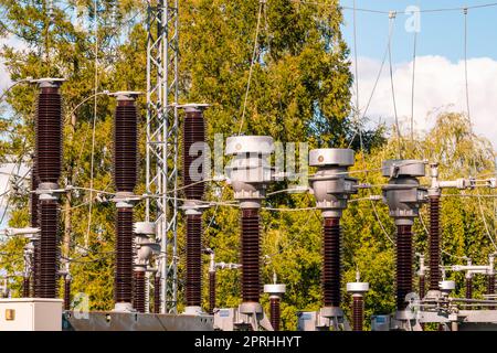 Transmission line field in a transformer station Stock Photo