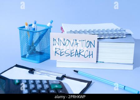 Handwriting text Innovation Research. Concept meaning Existing Products Services come into New Being Stock Photo