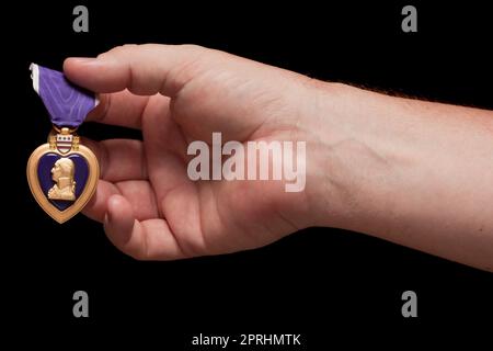 Man Holding Purple Heart War Medal on a Black Background. Stock Photo