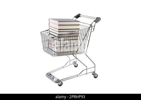 Stack of books in shopping cart isolated on white background with clipping path Stock Photo