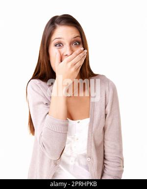 Shocking News. Surprised and Calm Woman Covers Her Mouth, Close-up,  Isolated on a White Background Stock Photo - Image of white, studio:  195679150