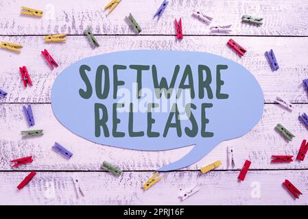 Text sign showing Software Releasesum of stages of development and maturity for program. Word Written on sum of stages of development and maturity for program Stock Photo