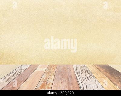 top view old wood plank on sand beach texture background Stock Photo