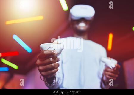 Man, VR gaming innovation and controller for metaverse, digital fantasy and cyber video game in neon lighting. Gamer hands, virtual reality and 3d fut Stock Photo