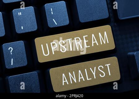 Conceptual display Upstream Analyst, Word Written on process of determining the current worth of an asset Woman Holding Pen And Learning Skill Through Stock Photo