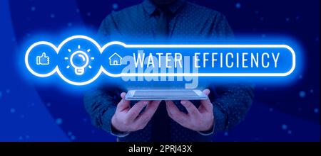 Hand writing sign Water Efficiency, Word for a training or seminar that takes place on the Internet Businessman in suit holding notepad symbolizing su Stock Photo