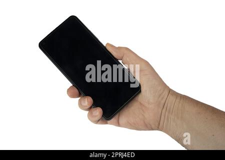 a mobile phone in the hand of a man on a transparent background Stock Photo