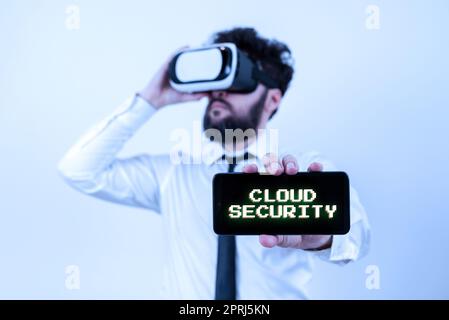 Conceptual caption Cloud Security, Word for Empowers individuals Encourages them to take responsibility Man Holding Mobile Phone With Important Messag Stock Photo