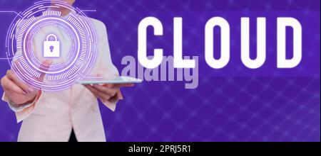 Handwriting text Cloud, Business showcase running workloads remotely over internet in commercial provider data Businessman in suit holding open palm s Stock Photo