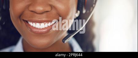 Telecom, call center and customer support consultant will help you with sales, loan and insurance assistance. Happy, contact us and black woman in hea Stock Photo