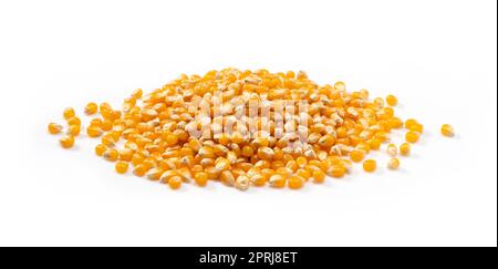 Dried corn kernels placed on white background. Stock Photo