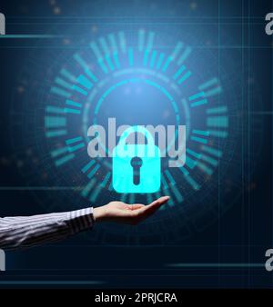 Virtual screen with padlock and hand. The concept of protecting personal information on the network. Cybersecurity and Internet technologies Stock Photo