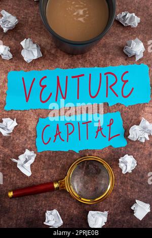 Text sign showing Venture Capitalfinancing provided by firms to small early stage ones. Business approach financing provided by firms to small early stage ones Stock Photo